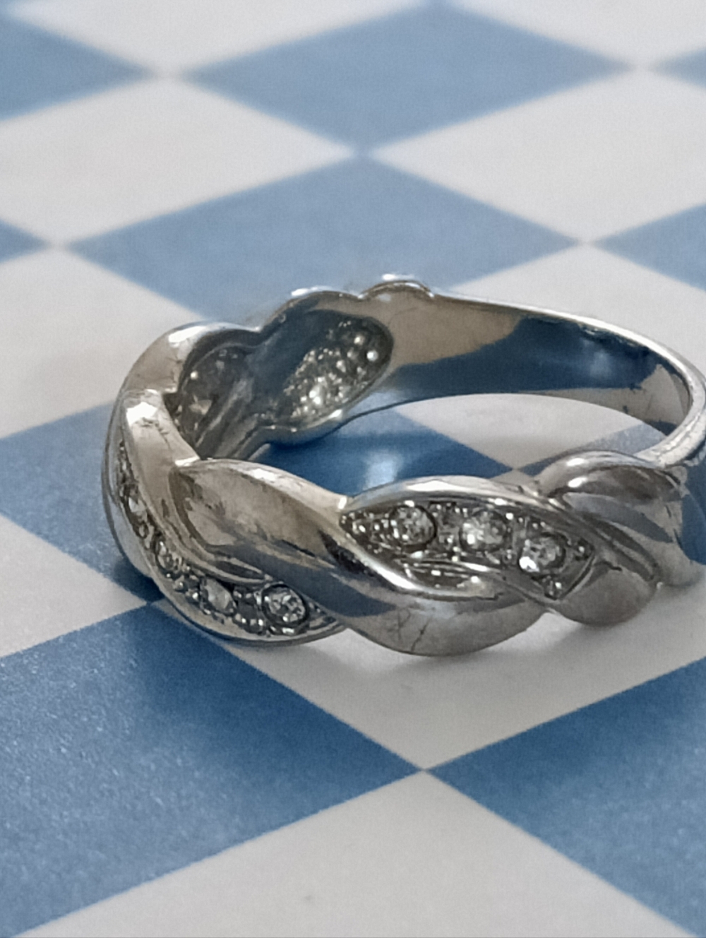 Estate Silver-Tone Twisted Band Ring with Clear Stones, size 7.75